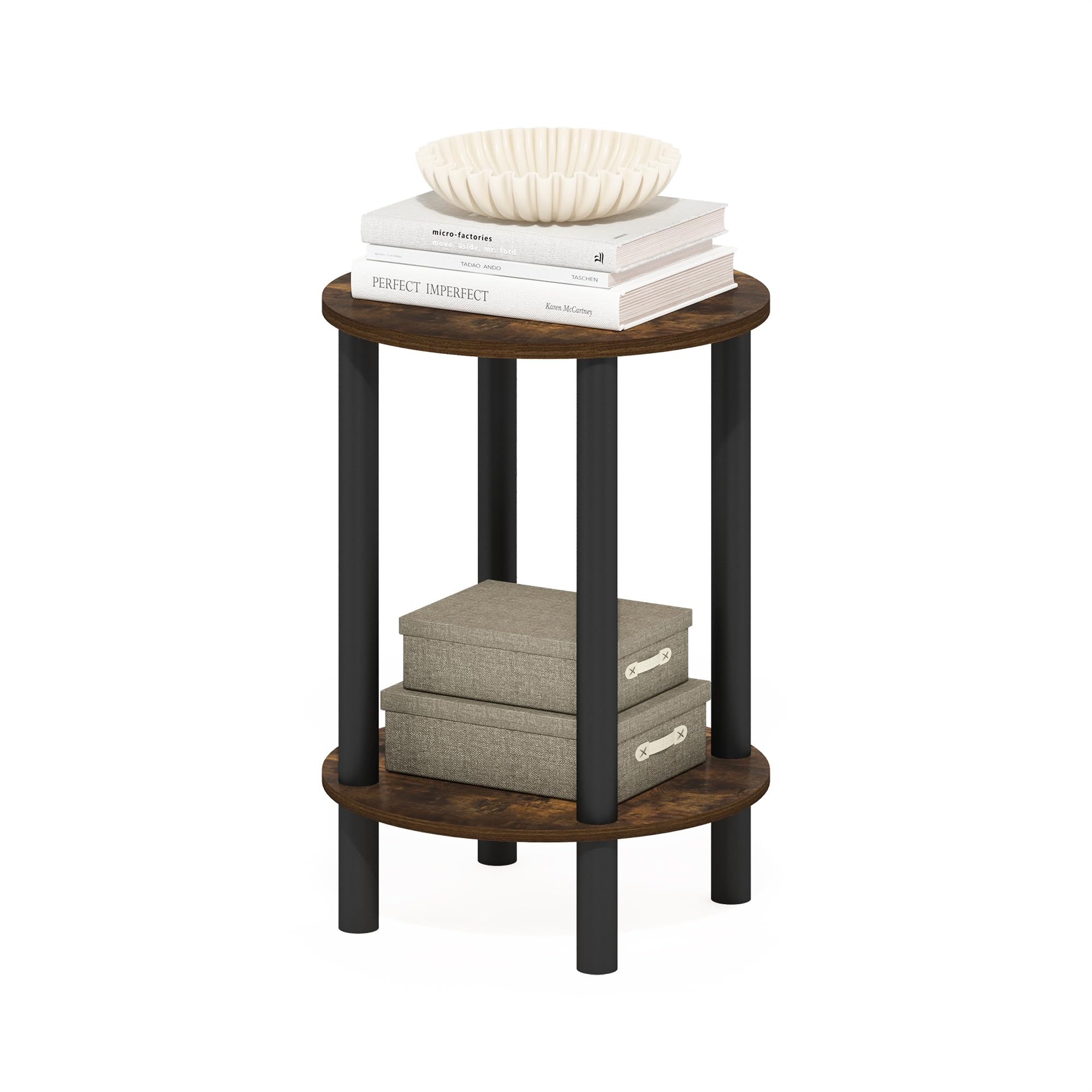 Furinno Turn-N-Tube Side Table 2-Tier Round End Table Toolless Assembly Night Stand Bedside Table with Open Shelf for