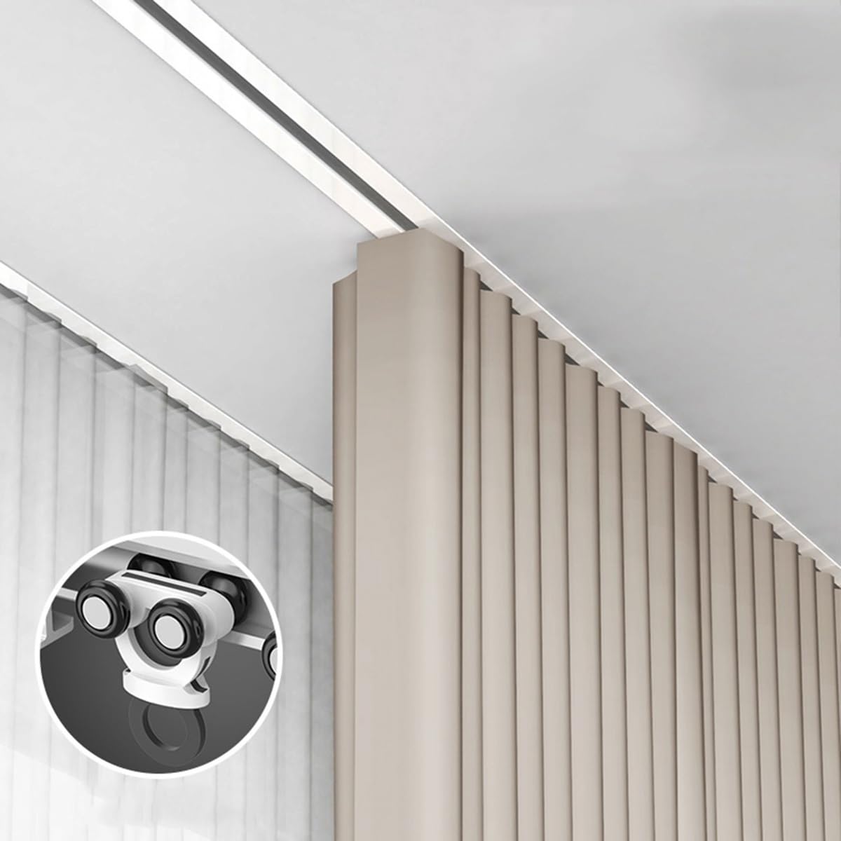 Rail Rideaux Invisible Encastré, Rail De Rideau Robustes Avec Silencieuses Roulettes, Rail De Plafond En Aluminium Pour Séparation De Pièce De 70 À 600 Cm(White,6.0FT/180CM)