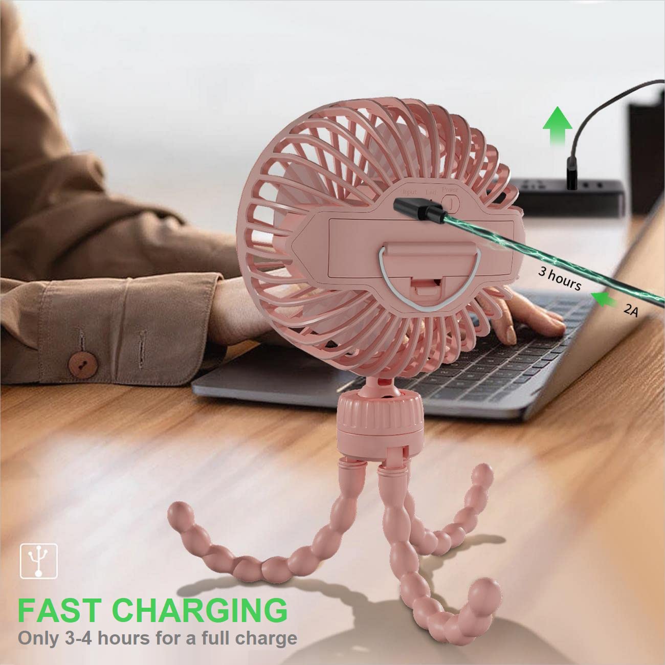 Ventilateur Portable pour Poussette, Batterie Rechargeable par USB, mini Ventilateur de Bébé avec 3 Vitesses, Rotatifà 360° et Clip de Trépied Flexible pour Siège de Voiture, Camping - Rose