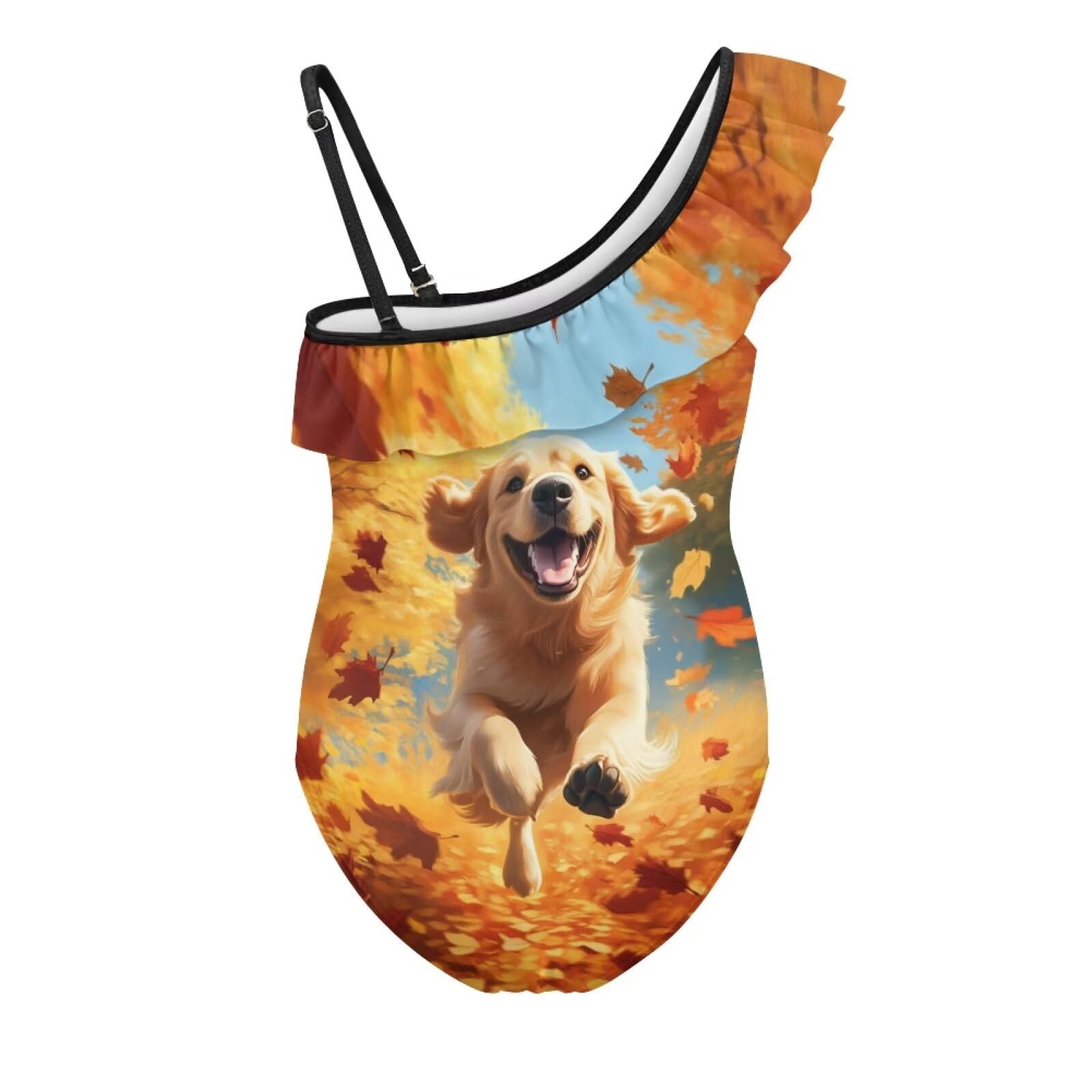 Zanxiantu Golden Retriever Swimsuit Quick Dry Summer Beach Hawaiian One Piece Swimwear One Shoulder Ruffle Strap Bathing Suits for 3-14 Y Full Coverage Ballet Gymnastics Leotard