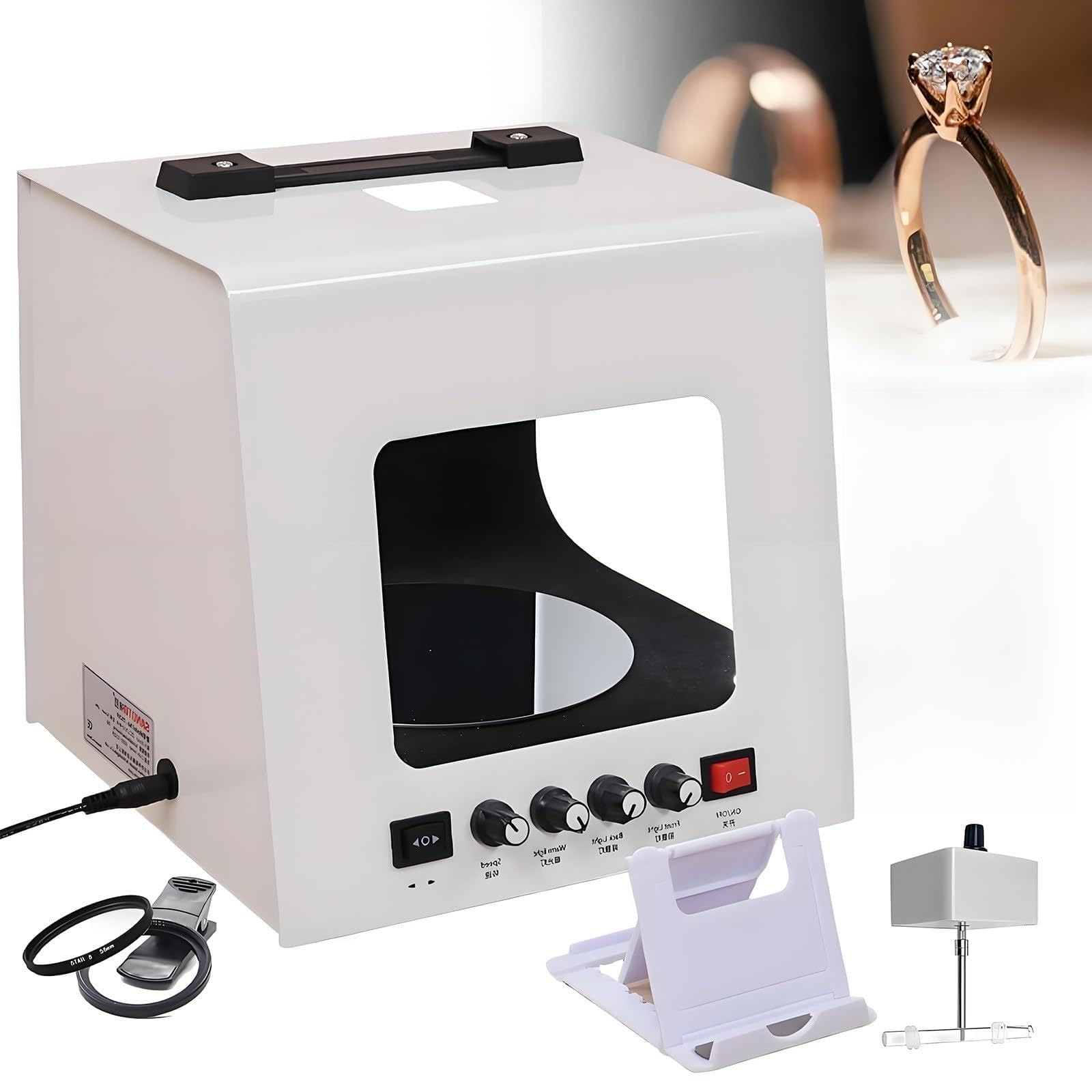 Studia Fotograficzne Light Box,Profesjonalny Zestaw do Fotografii Biżuterii,360° Obrotowe Elektryczne Mini Studio z Regulacją Jasności,4 Ultra-jasne Światła Wypełniające,ze Statywem Wiszącym TB300