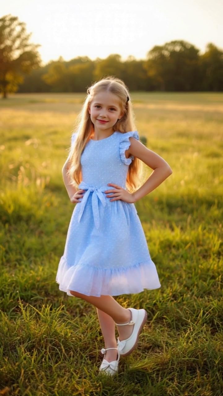 Girl Summer Dress Polka Dot Casual A-line Flutter Ruffle Sleeve Double Layer Flowy Dress 5-13 Years - Image 2