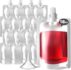 16 Pcs Plastic Flasks-Reusable 16OZ Drink Bags,Leak-Proof, BPA-Free for Travel,Plastic Flasks,Juice Travel Drink Bags for Travel Outdoor Sports, Concerts, Events(16OZ,16PCS)