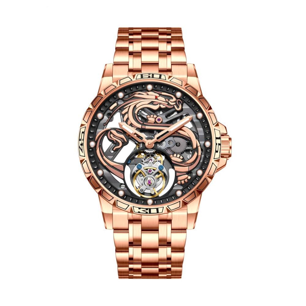Tourbillon - Reloj mecánico de cuerda para hombre, diseño de esqueleto, impermeable, reloj de pulsera de negocios de zafiro, doble cara, hueco, patrón chino, significado rico y respetuoso