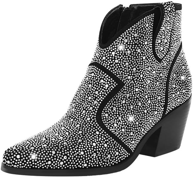 sexytag Women's Rhinestone Western Sparkly Cowboy Chelsea Boots Chunky Low Heel Pointed Toe Pull-On Short Ankle Booties