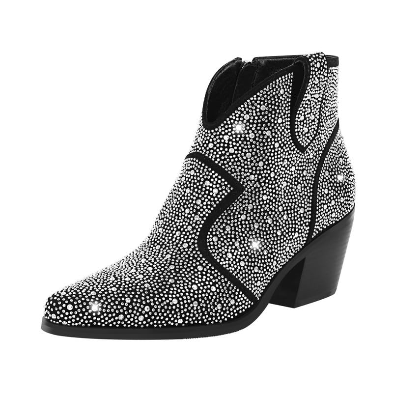 sexytag Women's Rhinestone Western Sparkly Cowboy Chelsea Boots Chunky Low Heel Pointed Toe Pull-On Short Ankle Booties2