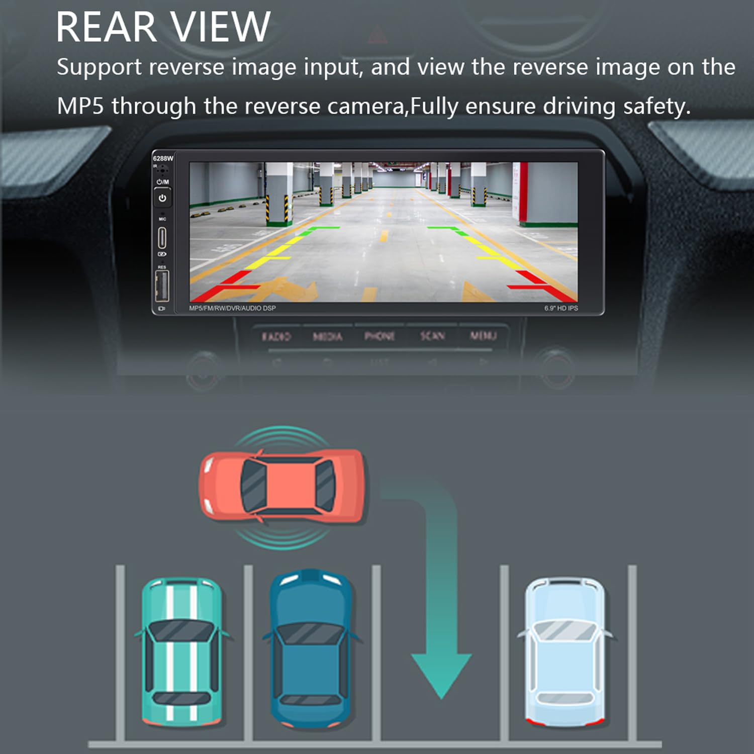 Radio samochodowe 1 Din z bezprzewodowym CarPlay Android Auto 6,9" ekran dotykowy Bluetooth Radio samochodowe z 12 diodami LED Widok z ty?u Obs?uga kamery FM AM RDS Radio Mirror Link USB typu C