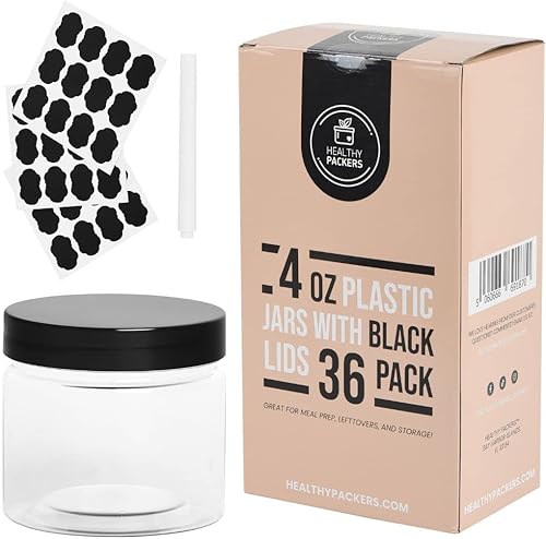 Healthy Packers Tarros de plástico con tapas, paquete de 36 recipientes de plástico pequeños de 4 onzas con tapas, etiquetas y marcador. Ideal para Healthy Packers Tarros de plástico con tapas, paquete de 36 recipientes de plástico pequeños de 4 onzas con tapas, etiquetas y marcador. Ideal para