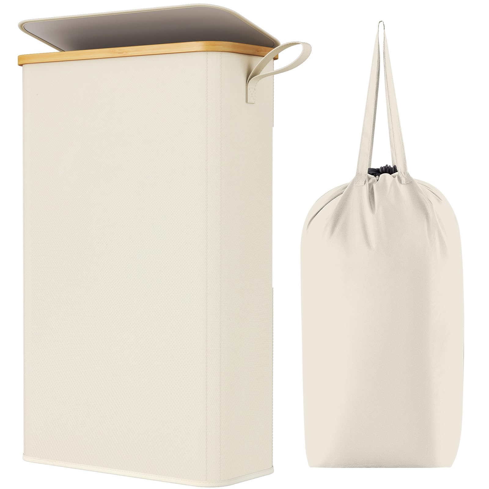 Lifewit 65L Slim Laundry Basket with Lid, Foldable Laundry Hamper Drity Clothes Washing Basket Toys Towels Storage with Bamboo Handle, Removable Inner Bag for Bedroom Bathroom, White