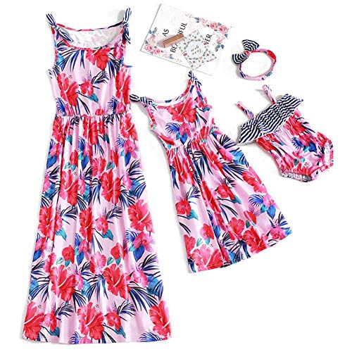 Image of IFFEI Mommy and Me Matching Dress Spaghetti Strap Summer Casual Sundress Beach Sleeveless Dress with Headband