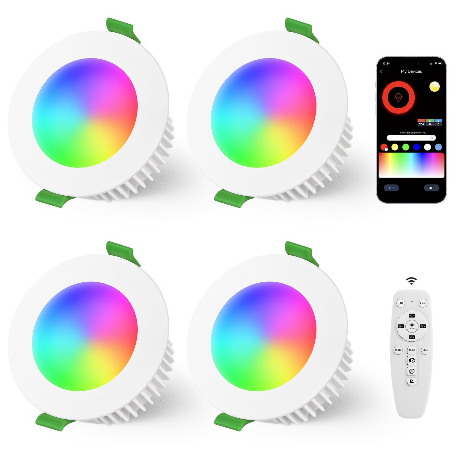 YindaLux Einbaustrahler LED RGB, LED Spots 230V 2700K-4000K-6500K Dimmbar, Deckenspots Bunt 8,8W, Einbauleuchten Einbauspots 4 stück