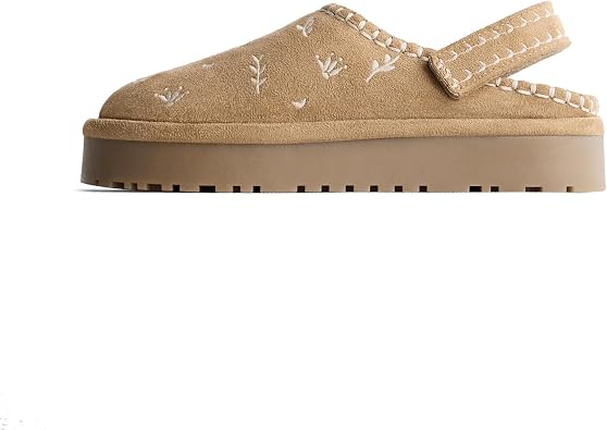 Womens Cozy Fur Embroidered Platform Clogs with Slingback Strap Mules Comfortable Casual Shoes