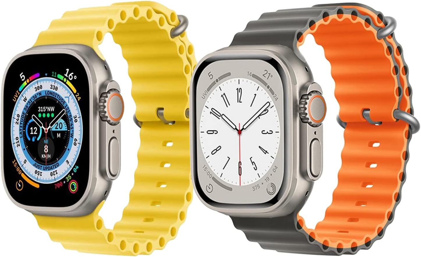 YOMNA Silicone Ocean Band Strap for Watch Watch Ultra 8 49mm Yellow (Single Color Strap) with Gray/Orange (Double Side Strap)(set of 2)