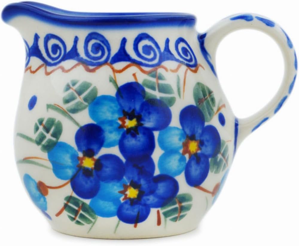 Polmedia Polish Pottery Creamer - Blue Pansy Pattern Handmade in Boleslawiec Poland by Ceramika Bona + Certificate of Authenticity