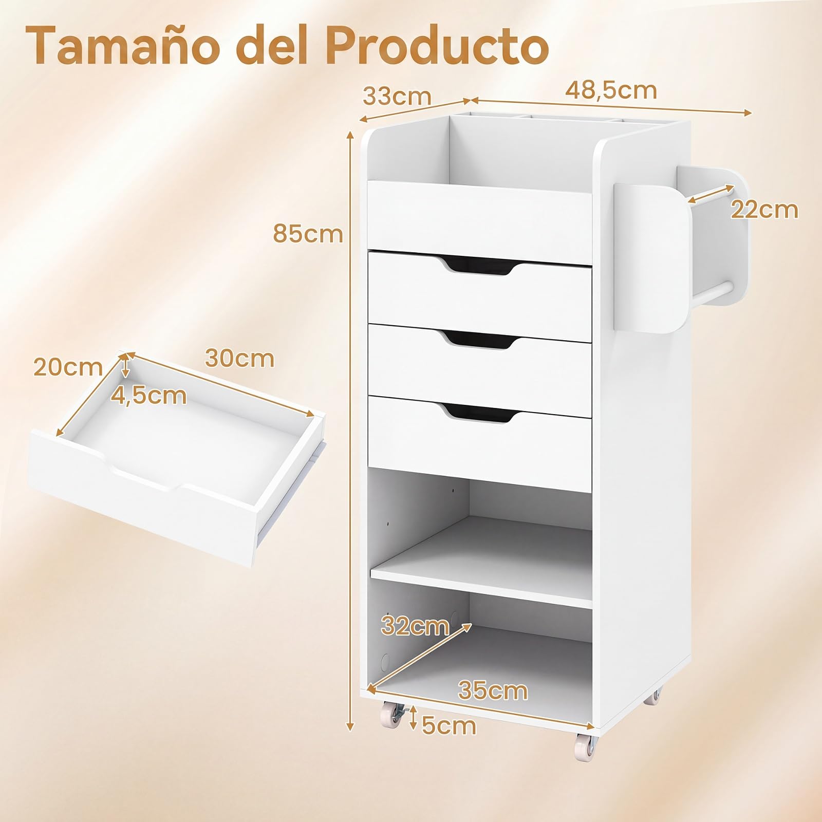 COSTWAY Carrito Utilitario con Ruedas para, 48,5 x 33 x 85 cm (Blanco) | Carrito Auxiliar para Manualidades con Estantes Abiertos, 3 Cajones y 3 Compartimentos, Carro Multiusos para Manualidades