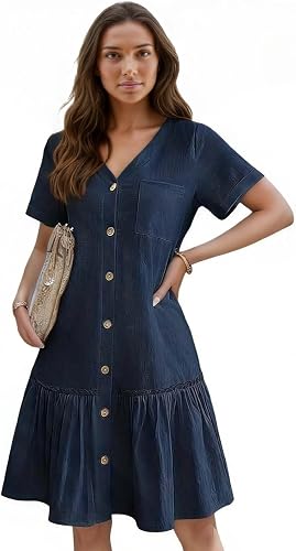 Women Button Down Dress Loose Summer Cotton Linen Dress Ruffle Hem Casual Dress Short Sleeve Tunic Dress