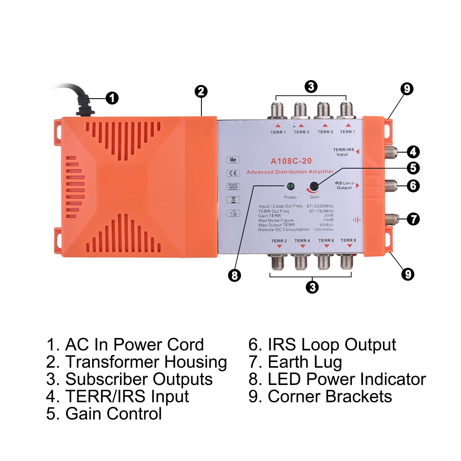 Weytoll Amplificateur de Distribution 8 Voies MATV Satellite Intérieur 20 dB Filtre 4G