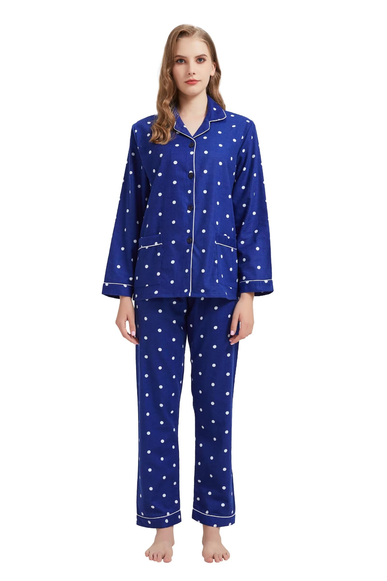 GLOBAL Women's Flannel Pajamas Set 100% Cotton PJs for Women Long Sleeve Button Drawstring Waist Warm Loungewear Sleepwear