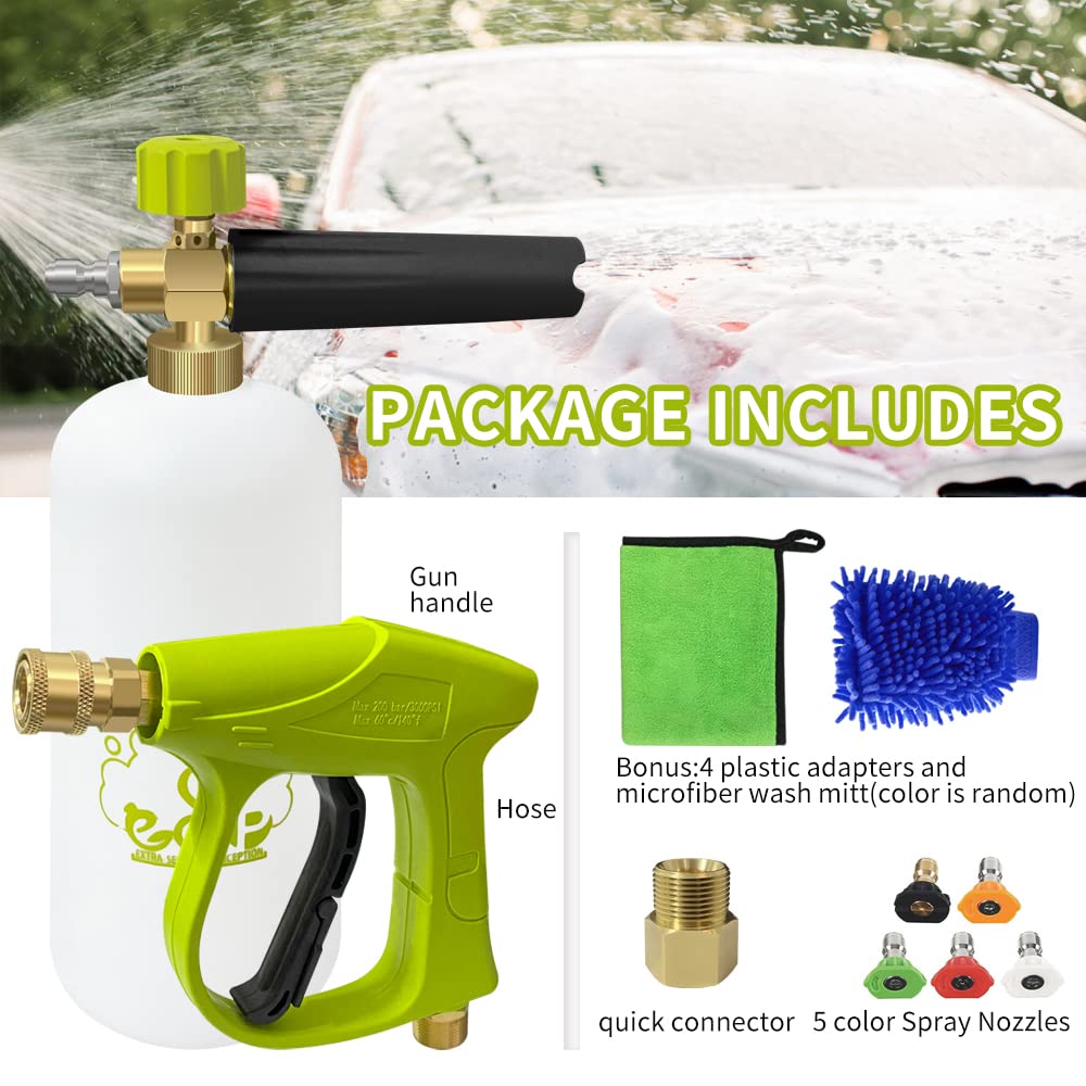 ESP - Pistola de espuma para lavado de coche, pistola de agua de alta presión, generador de espuma, pistola de espuma de lavado de nieve, 5 boquillas, adaptador M22 con botella de 1 litro, guantes de