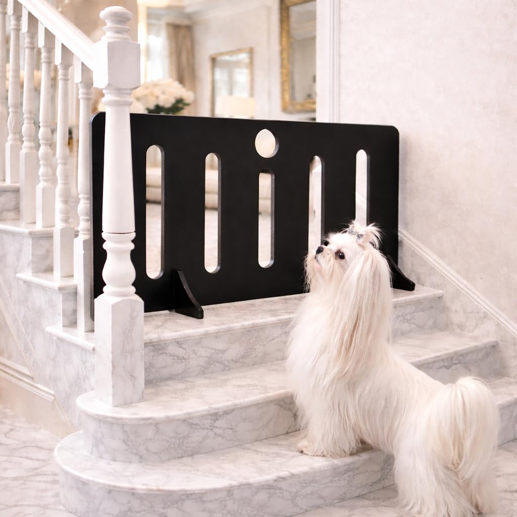 Woodica Black Portable Dog Gate For Stairs Indoor – Wooden Freestanding Pet Barrier, No Drilling Puppy Stopper, See-Through Safety Gate For Dogs (50Cm (H) X 85Cm (W))