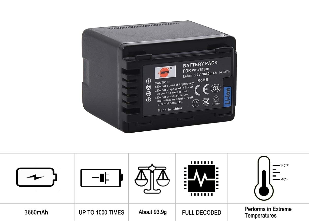 DSTE VW-VBT380 Recargable Litio Batería Compatible para Panasonic HC-V210, HC-V520, VW-BC10E, HC-W580, HC-V750, HC-WX970, HC-V710, HC-V720