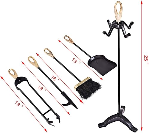 Miniatura 7 de Tangkula Juego de chimenea de 5 piezas, rústico, resistente, compacto, de hierro forjado, juego de herramientas con pedestal, herramienta de hogar,