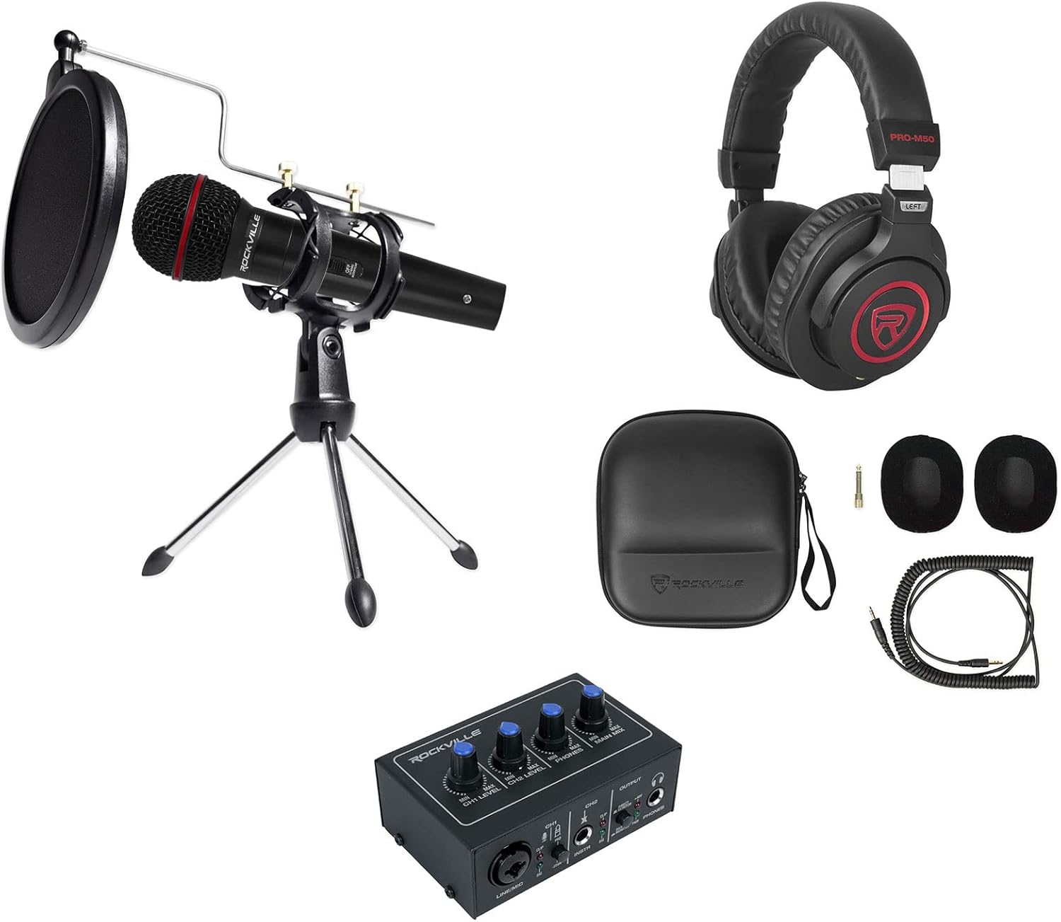 Rockville Rock-U MINI Bundle: 2x2 USB Recording Interface 24-Bit 192kHz, PRO-M50 SR Studio Headphones, RMIC-SR Handheld Vocal Microphone with Cables, RTMS21 Desktop Mic Stand with Pop Filter, 4-Items