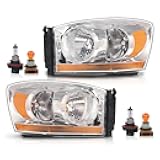 G-PLUS Headlights Assembly w/Bulbs Light Bar Left and Right Side Compatible with Dodge Ram 1500 2006-2008/Fit Dodge Ram 2500 3500 2006-2009 Clear Lens Chrome Housing Amber Reflector Faro