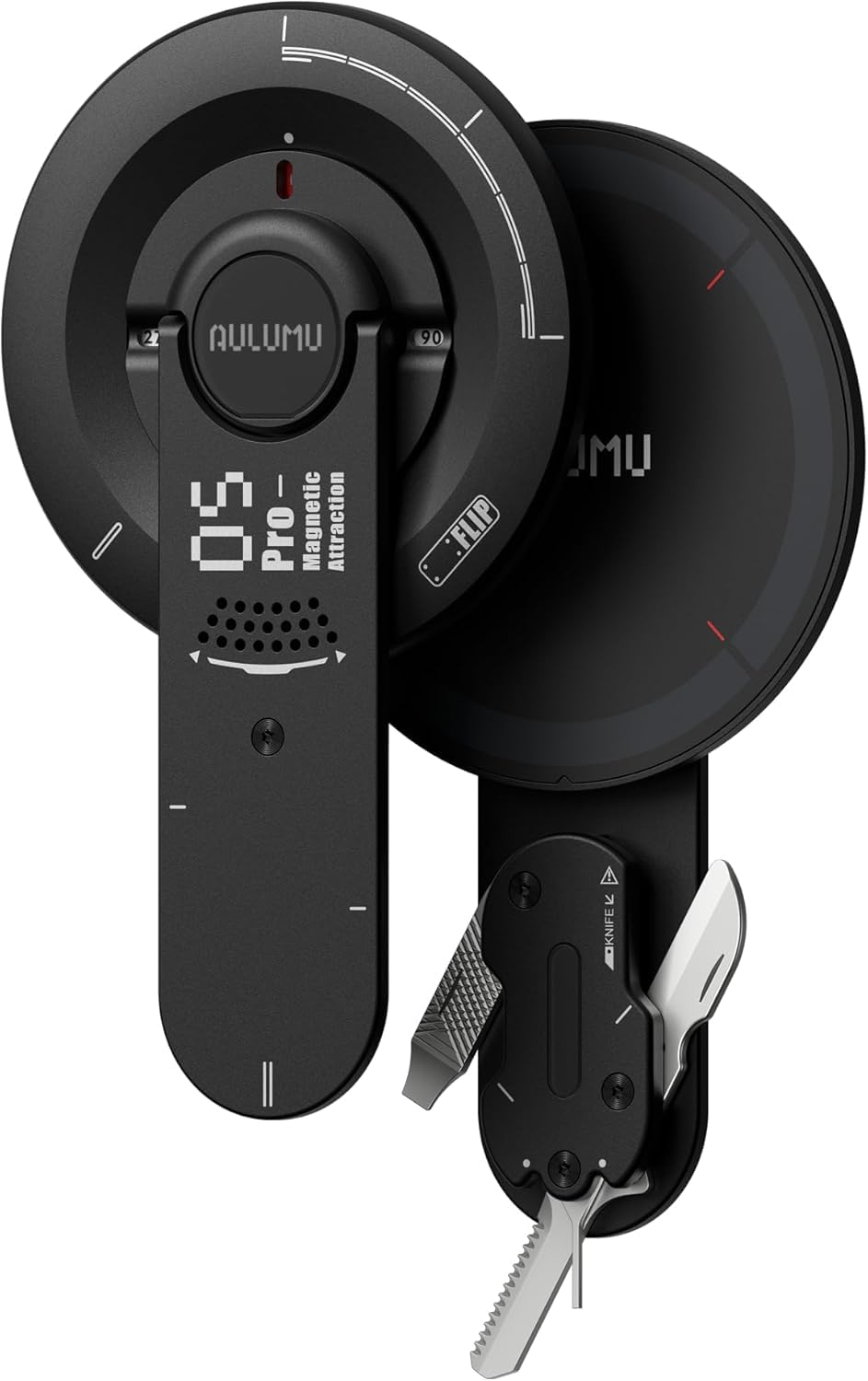 Aulumu G05 Pro Support Magnétique Multifonction Outil EDC | Réglage de l'angle de Rotation | Ultra Léger & Ultra Fin | avec Tournevis/Lime Acier/Lame de Scie/Pince Éjecteur SIM/Cutter – Noir