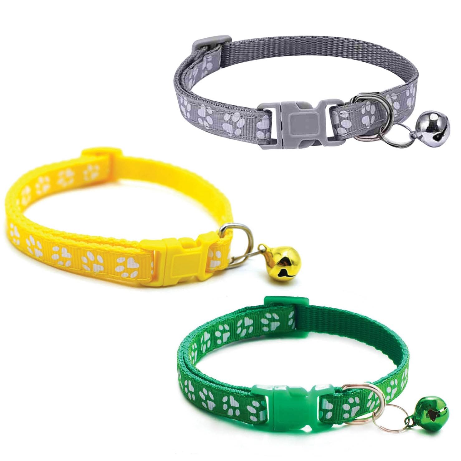 Litvibes Cat Collars Set of 3 with Bell,Kitten & Small Dog Soft Adjustable Collar Safe,Solid & Protection Breakaway for Cats & Puppies,Cute Kitty Neckband with Paw Print-(Yellow,Grey,Dark Green) (B0CXV73CBQ) Amazon Price History, Amazon Price Tracker