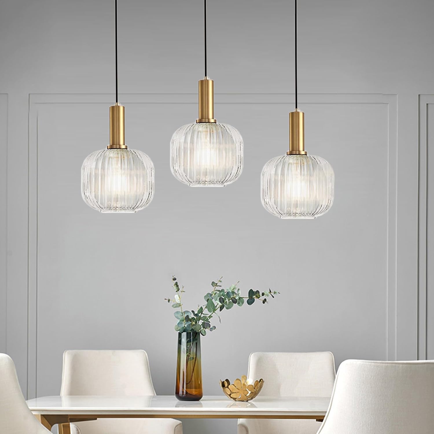 7.8'' Clear Glass Pendant Light,Gold Copper Pendant Light Socket with Clear Glass Pendant Lamp Shade,LED Hanging Lamp for Kitchen Island (M)