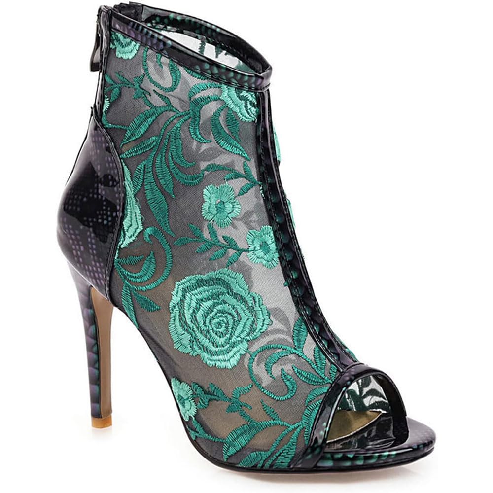 Damskie koronkowe siatkowe kwiaty haftowane szpilki botki peep toe tył zamek błyskawiczny bootie lato moda klub nocny impreza czółenka buty uda