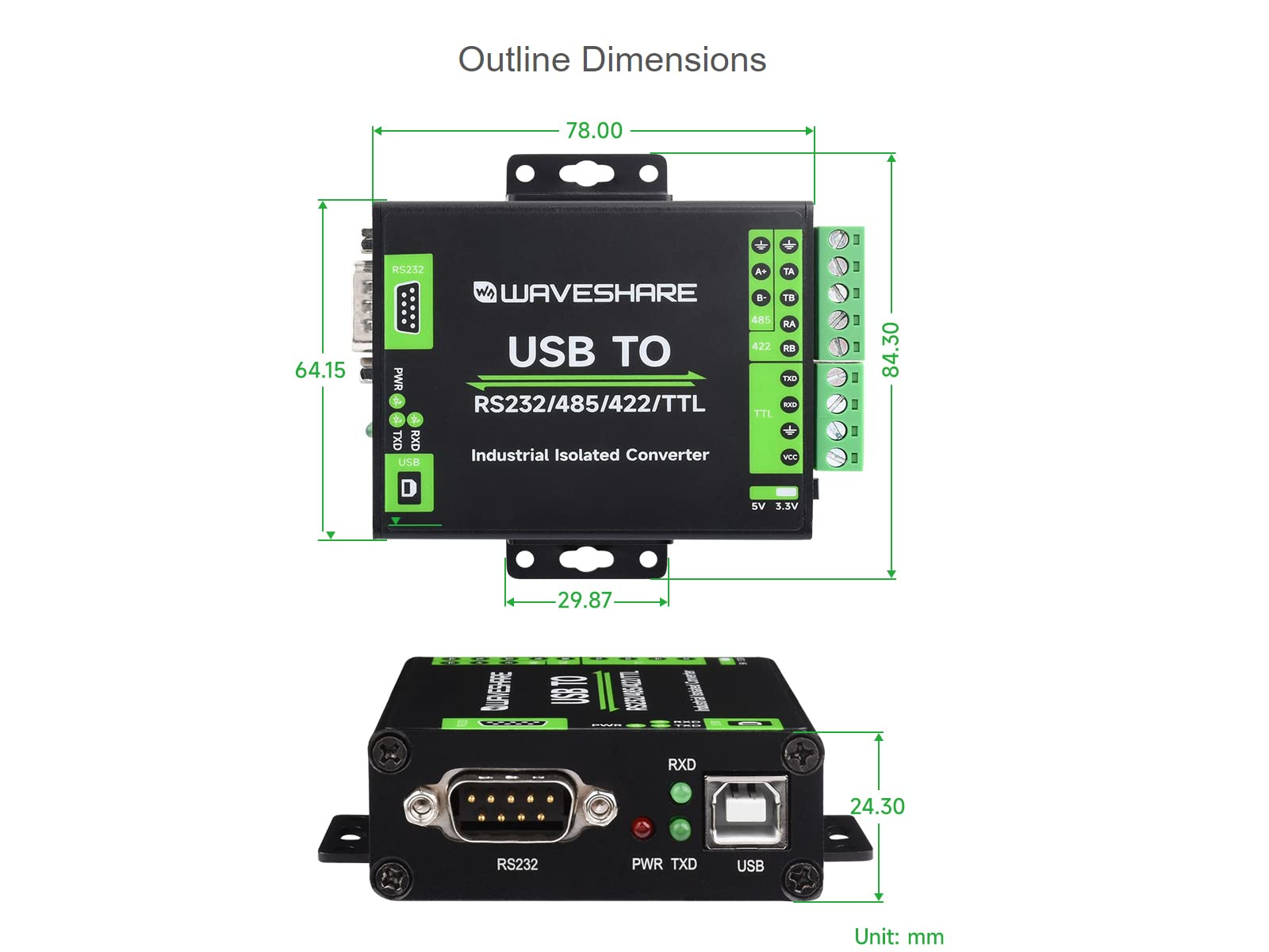Waveshare USB to RS232/485/422/TTL Interface Converter Industrial Grade Isolated USB Converter with Original FT232RNL Chip,300bps ~ 3Mbps Baud Rate,Stable Transmission,Multiple Devices Applicable