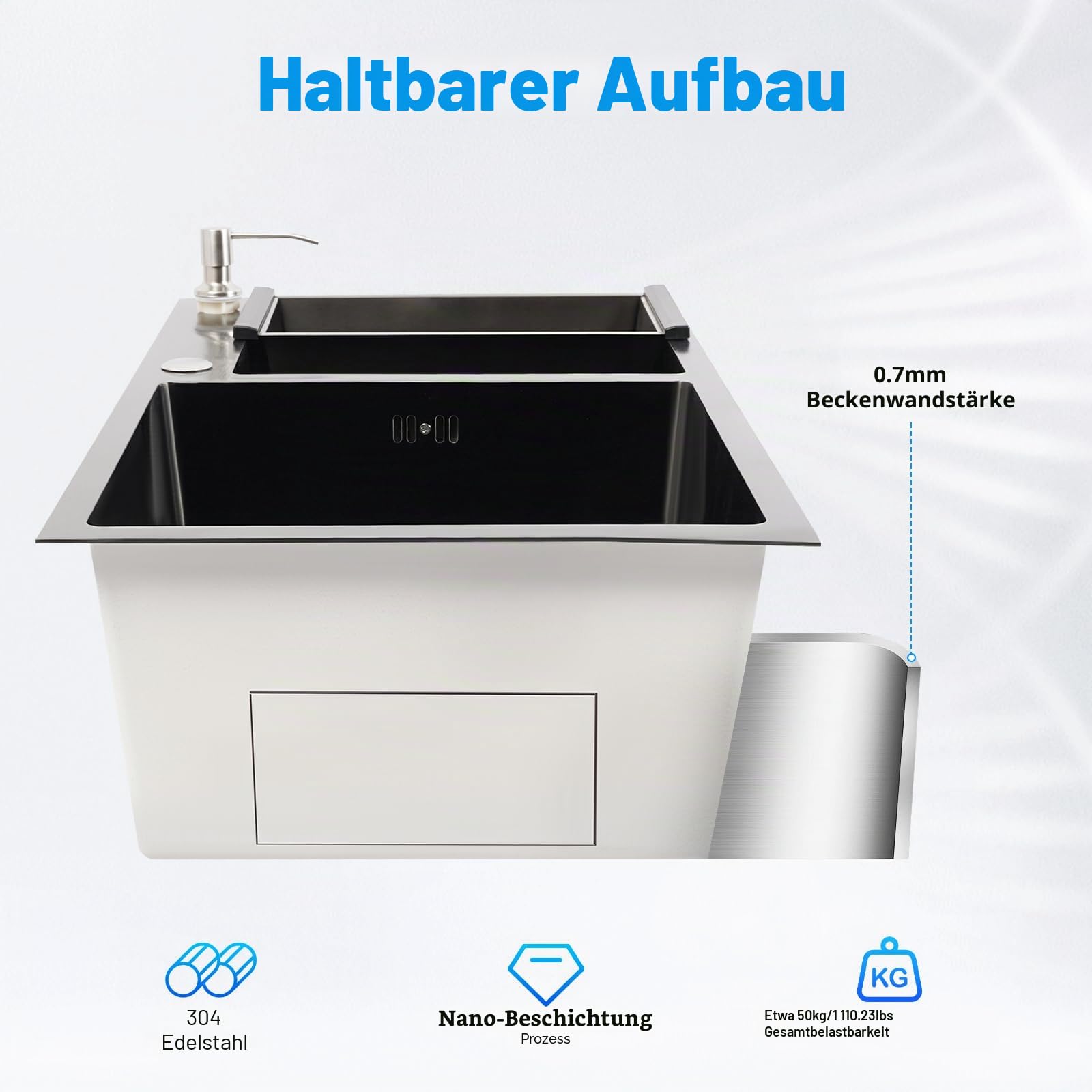 Doppelbecken Spüle Edelstahl Küchen, Spülbecken Schwarz Einbauspüle mit Abtropfkorb Abtropfschale Küche Spülbecken Doppelspüle Waschbecken, Abfluss Rohrsatz, Seifenspender