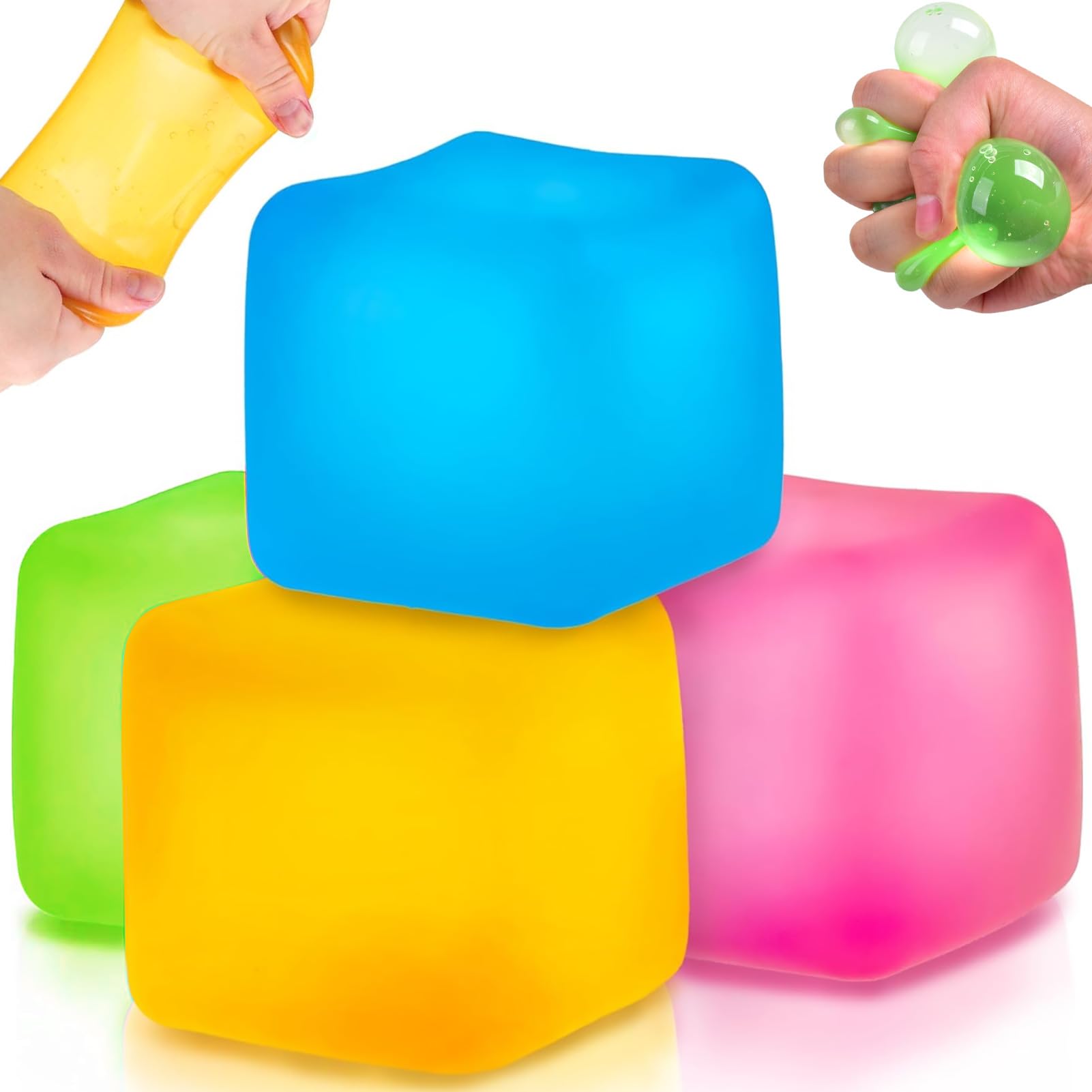 Stress Balls, 4Pcs Glow Stress Cube Squeeze Cube Fidget Toy for Kids Adults Stress Relief Squeeze Sensory Toys for Age 3+ ADHD Autism Classroom