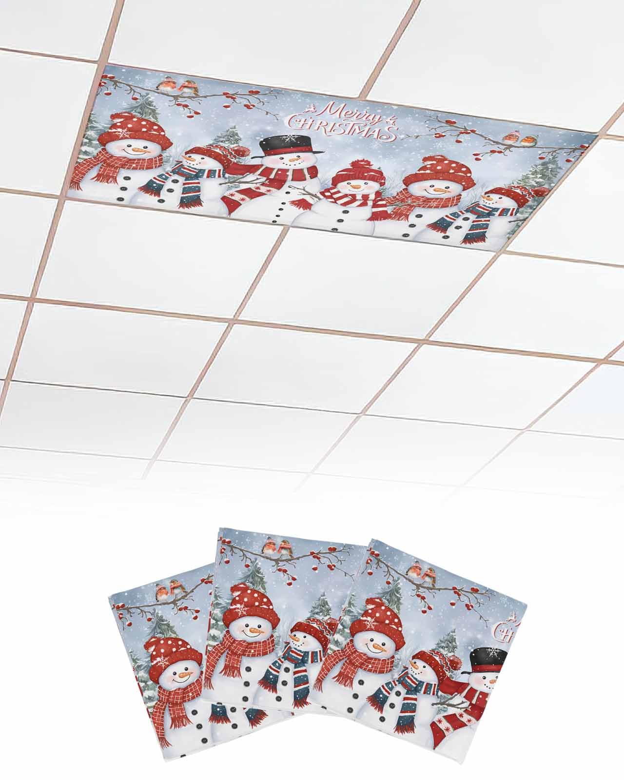 EwdeWwo Christmas 3 Pcs Fluorescent Light Covers for Ceiling Lights, Winter Snowman Berry Bird Snowflake Magnetic Light Filters for Eliminate Harsh Glare Classroom Office Decoration, 4 x 2 Ft