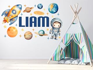 Personalized Space Name Wall Decal for Kids Room – Astronaut Rocket & Planets Wall Stickers – Custom Galaxy Decor for Boys Bedroom or Norsery – Removable Vinyl Mural Art