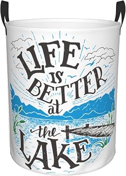 Laundry Basket,Life is Better at the Lake Bathroom Organizer Basket Waterproof Foldable Cloth Hamper with Lining for Home Storage