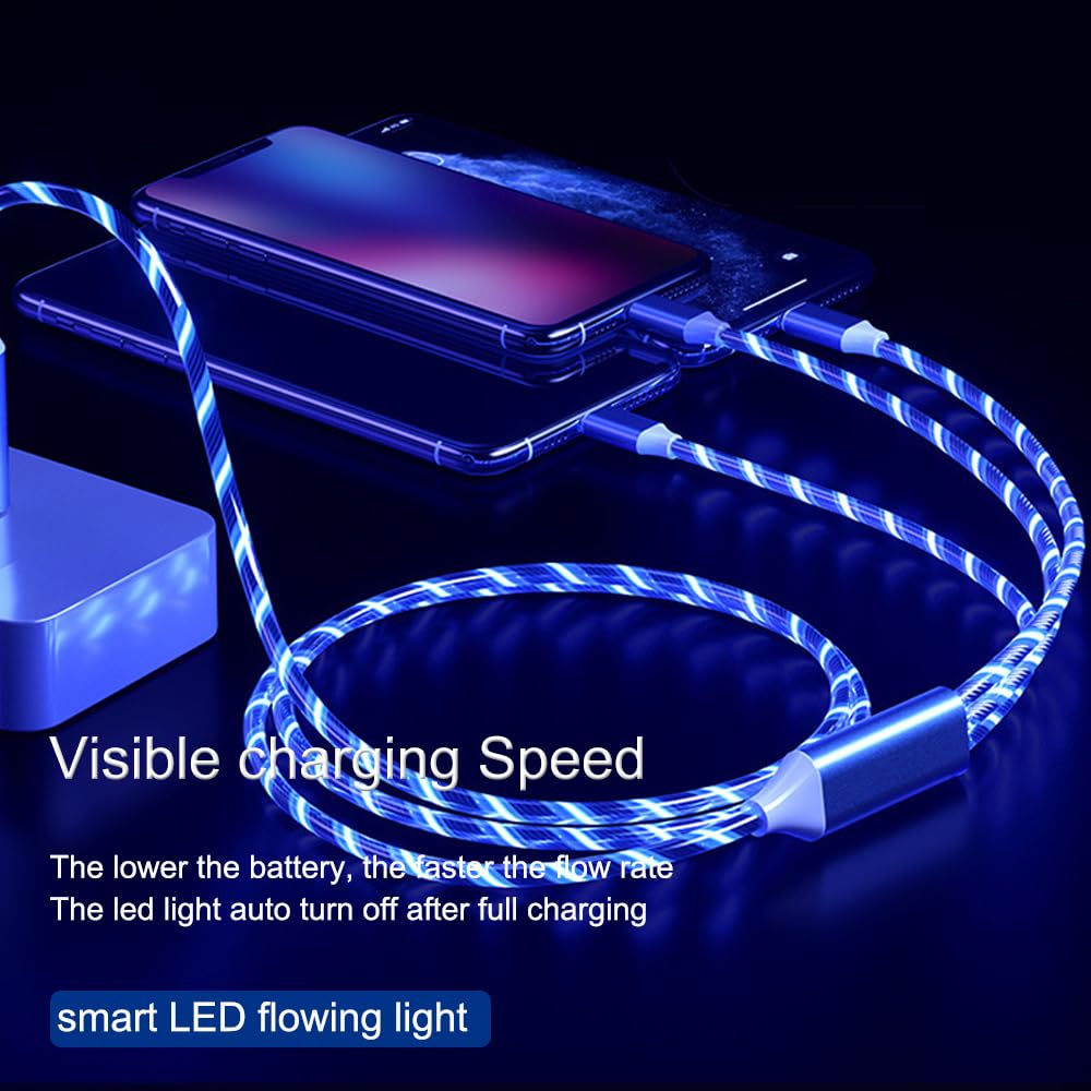 6 Combinations Multi Ports USB Charger Cable USB A/USBC to Micro USB/Type C PD Fast Charging Cord Light Up Blue Current to be a Night Light Compatible with Most of devices-39 inches Blue