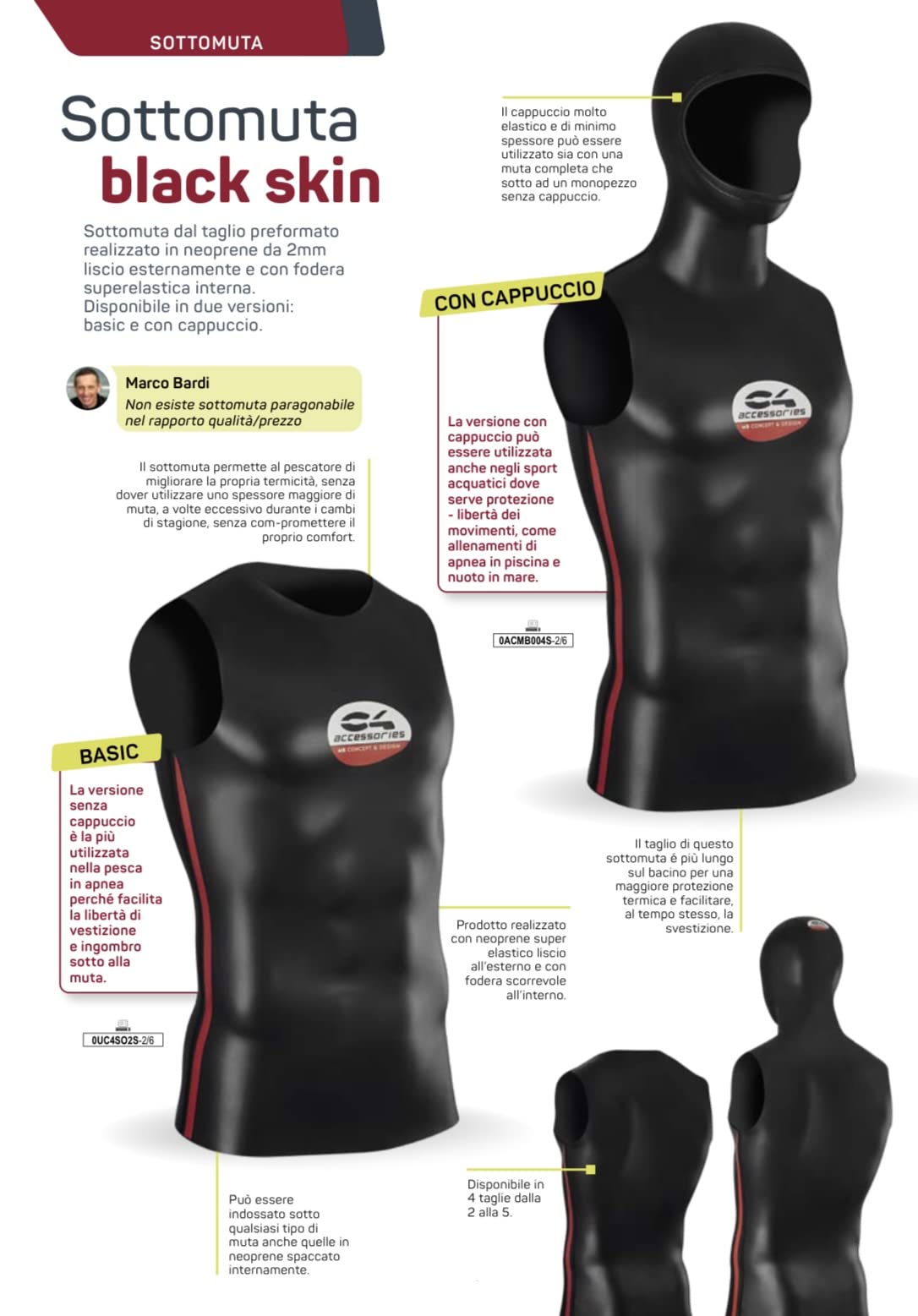 C4 Sottomuta BLACK SKIN Nero Basic 2 mm per Apnea e Pesca Subacquea Linea Accessori Marco Bardi