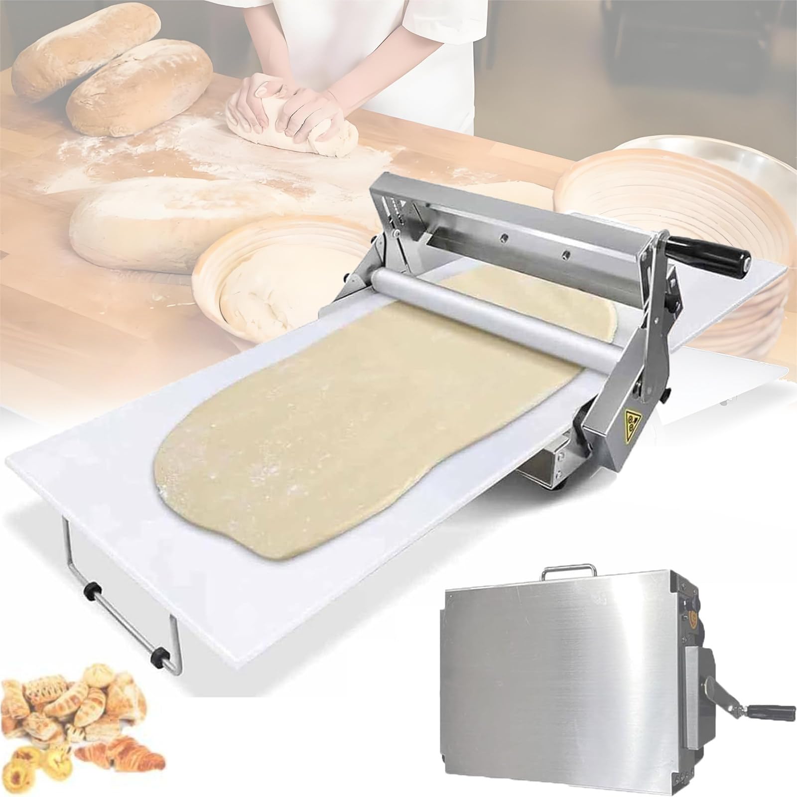 Sfogliatrice manuale pieghevole in acciaio inox, spessore regolabile 0-17,5 mm, perfetto per pasticceria e pasticceria