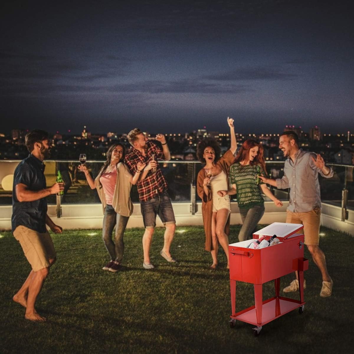 GYMAX Carro Refrigerador de 76 litros, Enfriador de Bebidas con 4 Ruedas Universales, Estante y Abrebotellas, Nevera con Doble Tapa, Caja Térmica, Enfriador de Bebidas para Jardín, Terraza