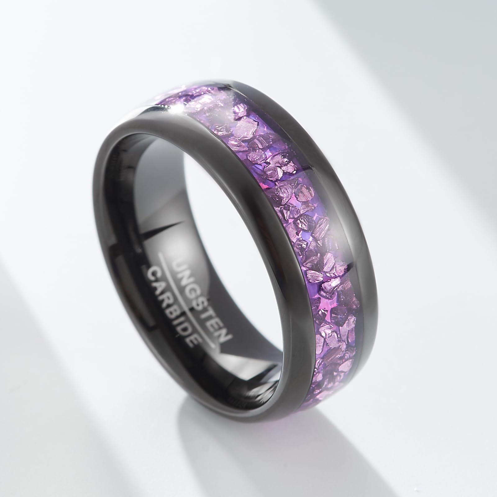 Fascia Nuziale Donna Aurora - Anello in Tungsteno Nero Larghezza 4mm o 8mm con Intarsio Viola Effetto Cristallo (Misura USA)