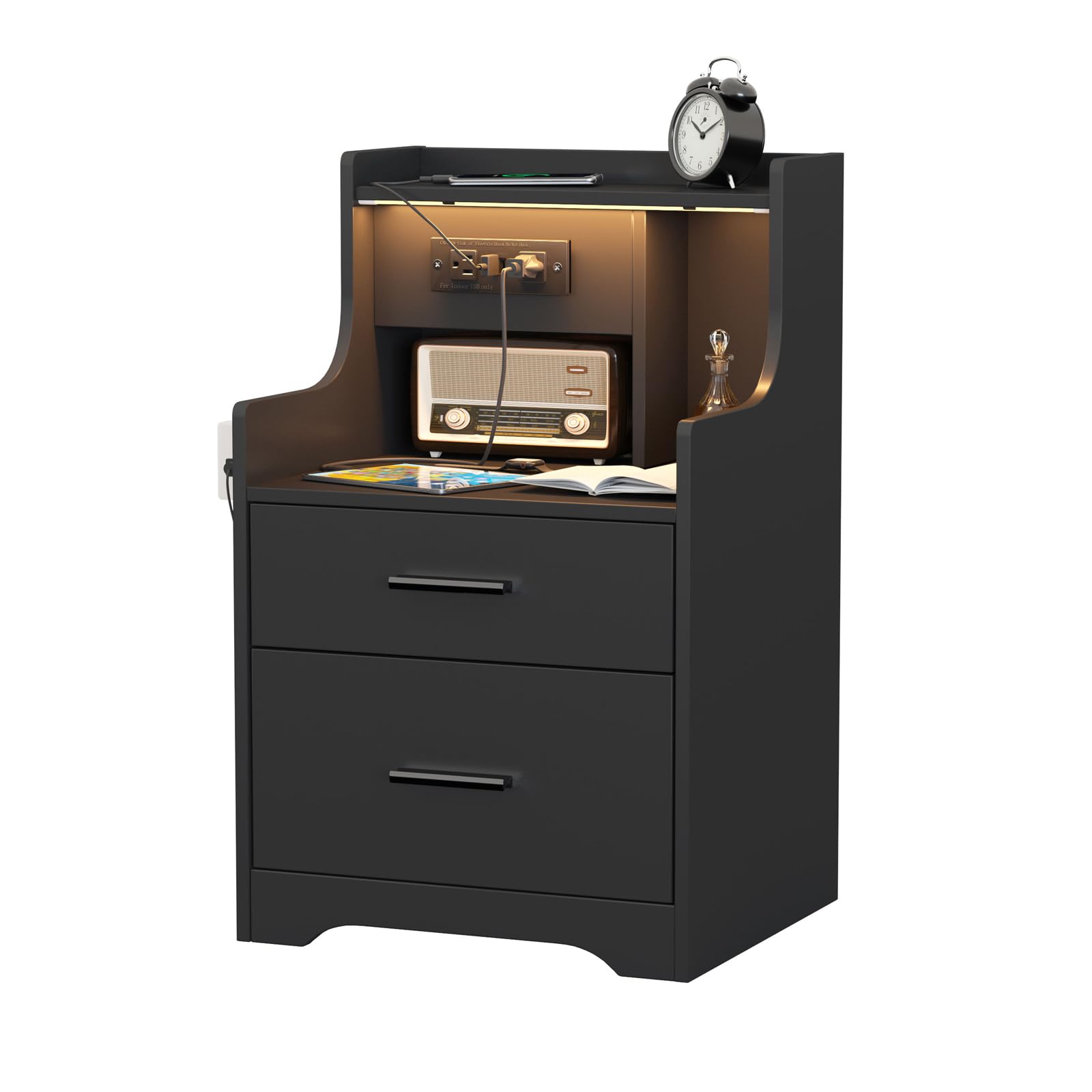 Nightstand with Charging Station & LED Lights, Black Nightstand with 2 Drawers and Open Storage, Bed Side Table Night Stand for Bedroom Living Room Office, Wood Side Table