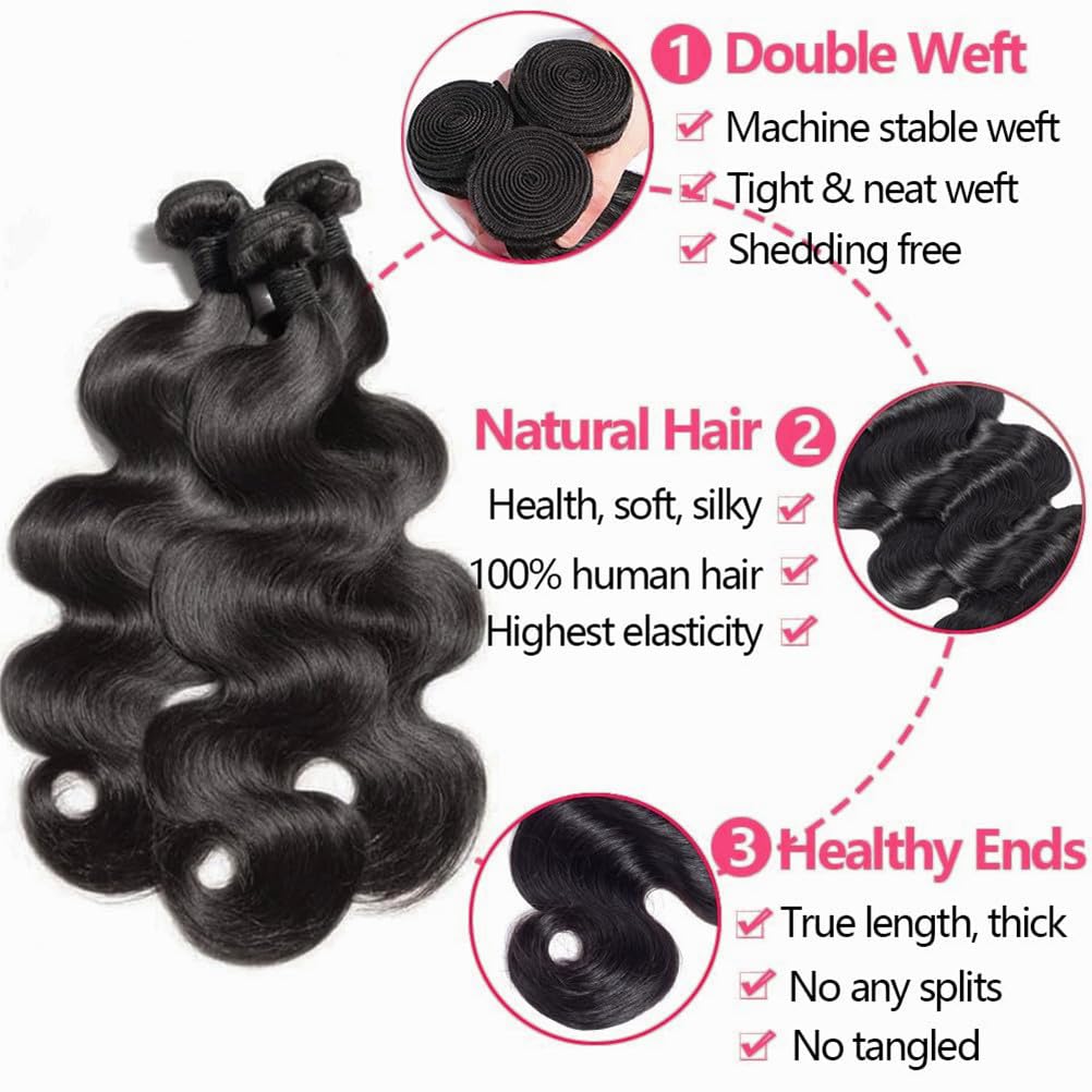 Human Hair Bundles with Closure 18 20 22+16 Inch Body Wave Closure with Bundles 100% Brazilian Virgin 3 Bundles Human Hair Weave with 4x4 Free Part Lace Closures Natural Black