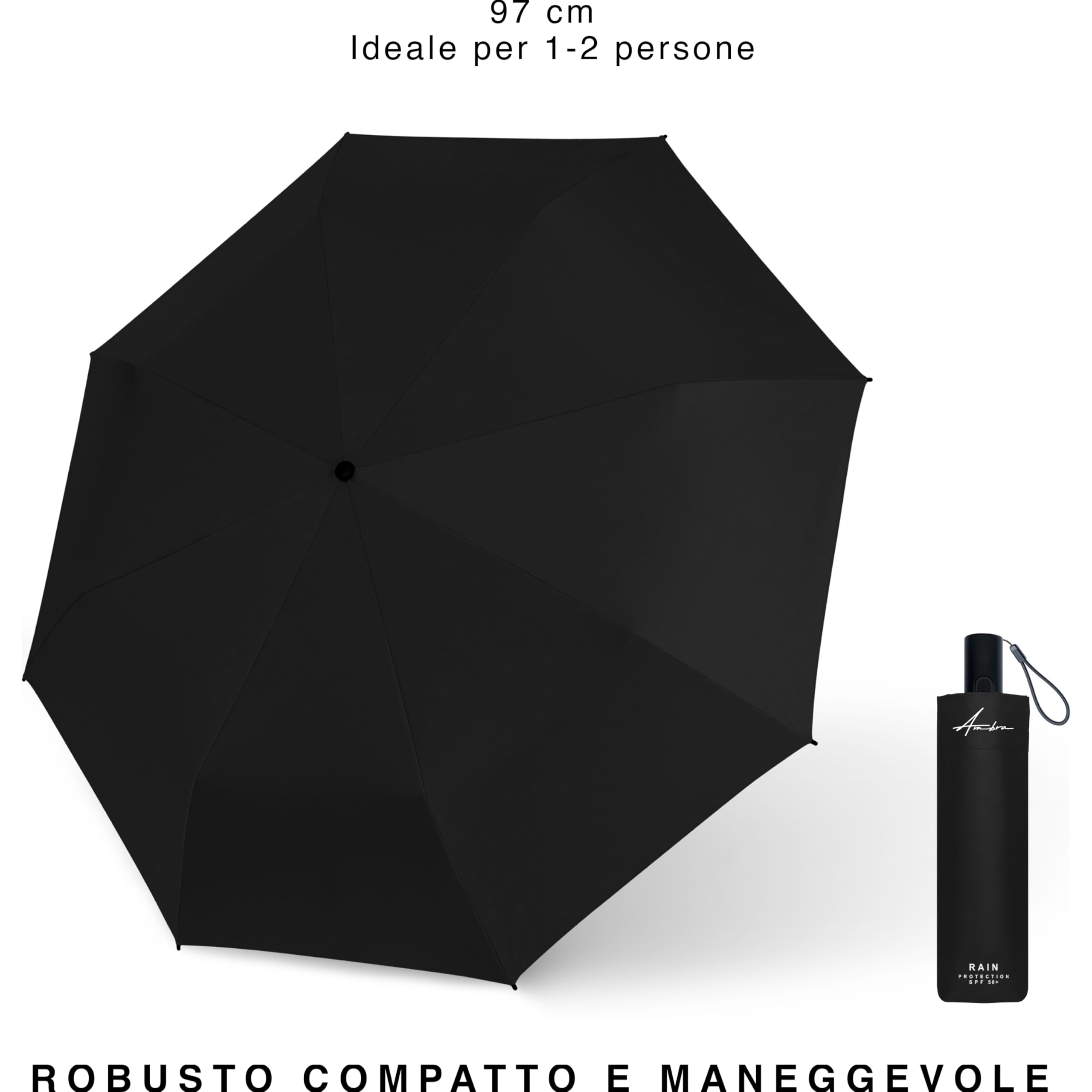 Ambra UV: ombrello automatico con protezione UV. Ombrello tascabile antivento per pioggia e sole.