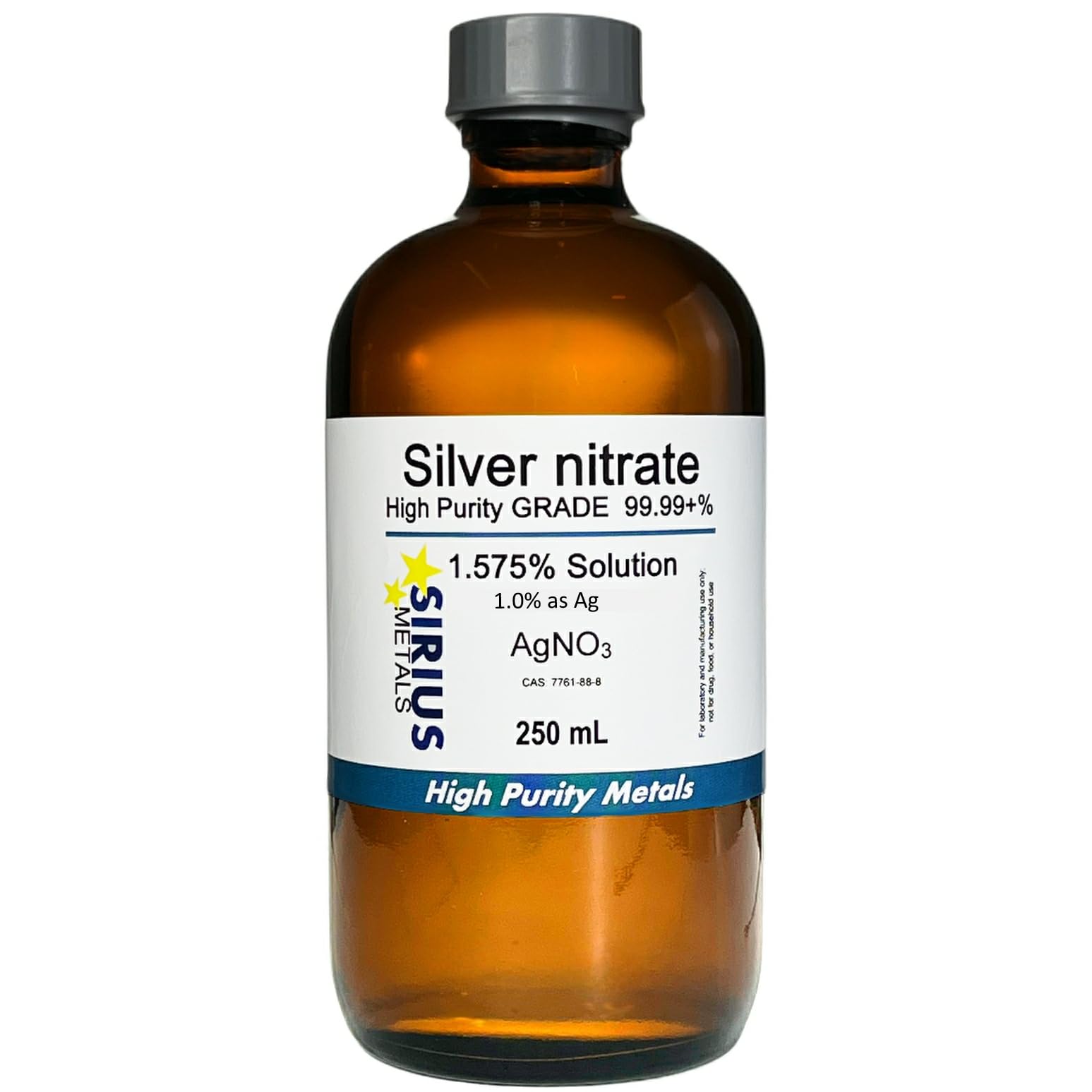 Silver Nitrate Solution (CAS# 7761-88-8) - 1.575% (w/v in Water) as AgNO3 (1.0% w/v as Ag) - 99.99+% Purity: 250 mL in Amber Glass Bottle