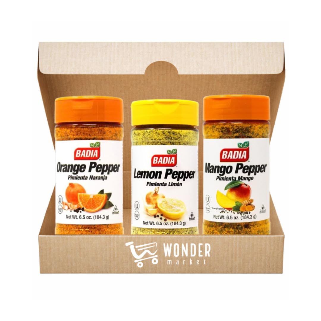 Wondermarket. Pack de especias lemon pepper, orange pepper, mango pepper. Especias con pimienta.