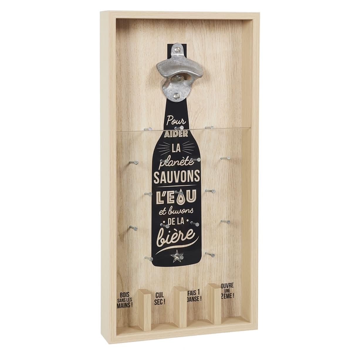 Cadre Décapsuleur Mural Bière – "Sauvons L’Eau Et Buvons De La Bière" – Bois, Métal & Verre – Humour Écolo 40×19 Cm