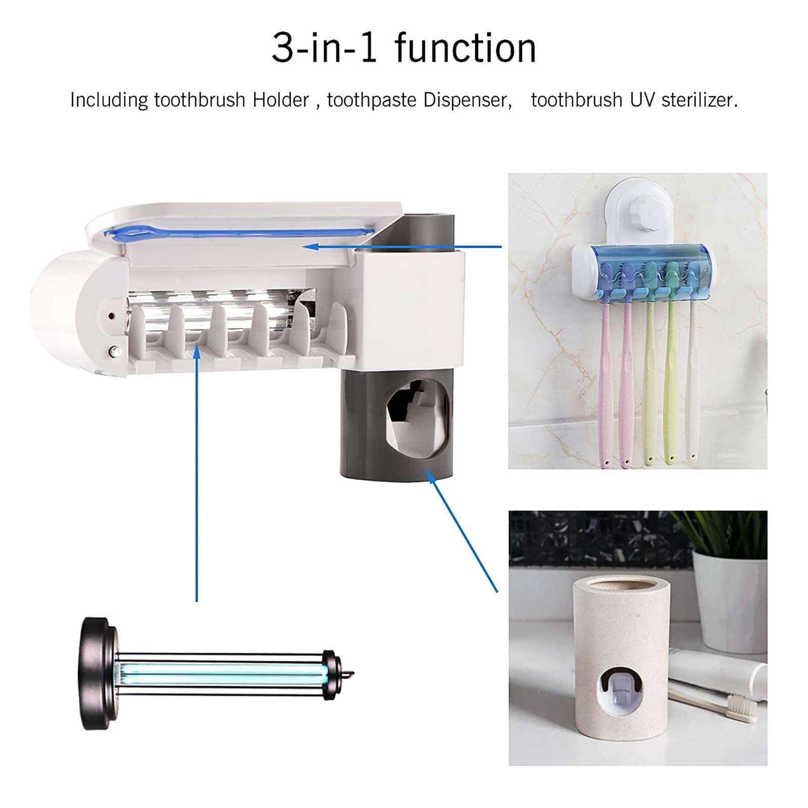 OurLeeme Soporte para cepillos de Dientes, esterilización con Cepillo de Dientes UV Soporte de Secado Dispensador automático de Pasta de Dientes Alimentación USB para 5 cepillos de Dientes